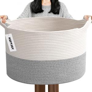 65L Large Blanket Basket,Woven Rope Laundry Basket Hamper with Handles,Decorative Nursery Basket Storage Bin for Toys, Pillows , Clothes Organizer, Living Room, Bedroom, Bathroom, White&Grey