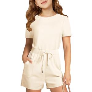 Haloumoning Girls Romper Short Sleeve Drawstring Summer Outfits Kids Casual Short Jumpsuit with Pockets 5-14 Years (9-10 Years, Beige)