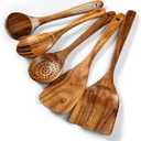 Wood Kitchen Utensils Set, 5 PCs Natural Acacia Wooden Spoons For Cooking for Non-stick Skillet, Utensil set For Cooking With Soup Ladle and Wok Spatulas, Salad fork, Spurtles for Cooking
