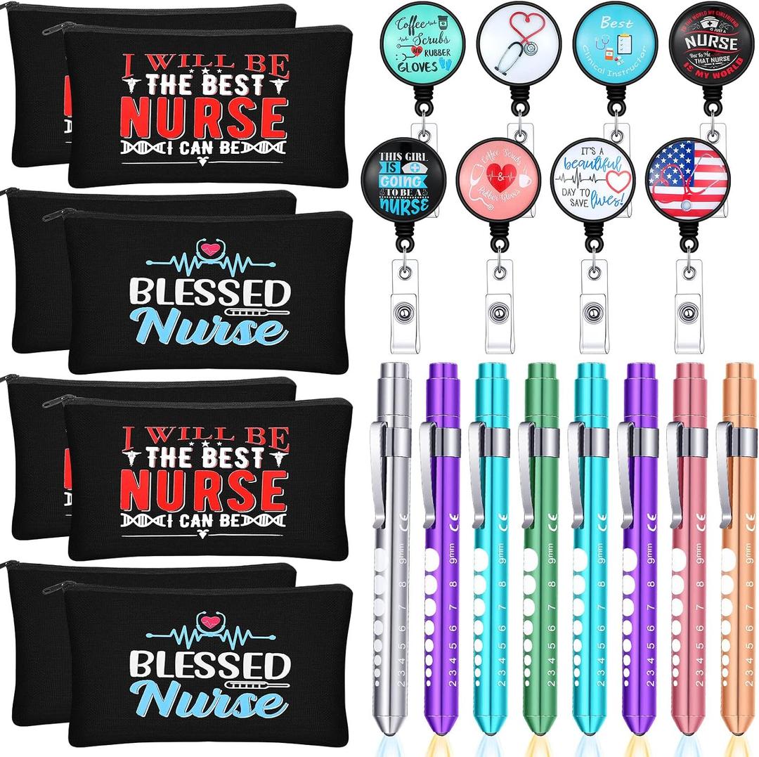 Hoolerry 24 Pcs Nurses Week Gifts Bulk 2026 Nurse Badge Reel Penlight Makeup Bags for Nurse Occupational Therapy Month Gifts Women Doctor Appreciation(Fresh Pattern)