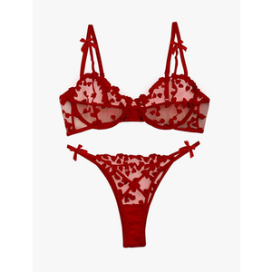 Lilosy Sexy Underwire Cute Push Up Strappy Embroidered Mesh Sheer Lingerie Set See Through Panty Bra(M)