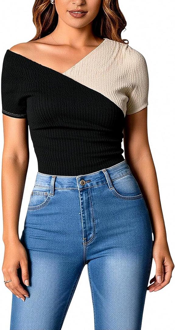 Women's Ruched Asymmetrical Neck T Shirt Elegant Wrap Color Block Going Out Tops