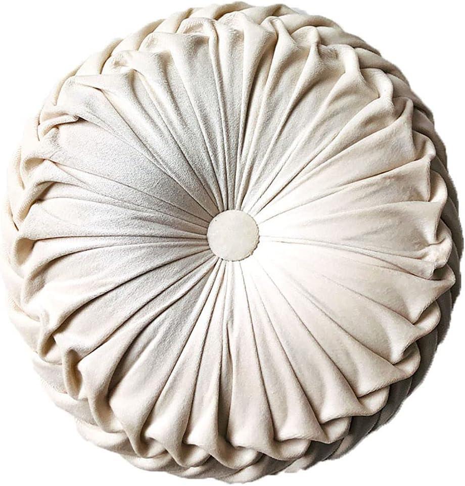 Round Throw Pillow Velvet Home Decoration Pleated Round Pillow Cushion for Couch Chair Bed Car Beige