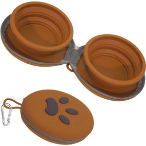 Collapsible Dog Bowls, 2-in-1 Silicone Pet Food and Water Bowl with Carabiner, Portable Double Compartment Dish for Travel, Camping, Hiking Puppy Essentials (Brown)