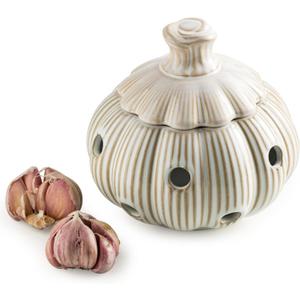 Garlic Storage Pod Ceramic Garlic Keeper with Lid Large Garlic Container for Counter, White
