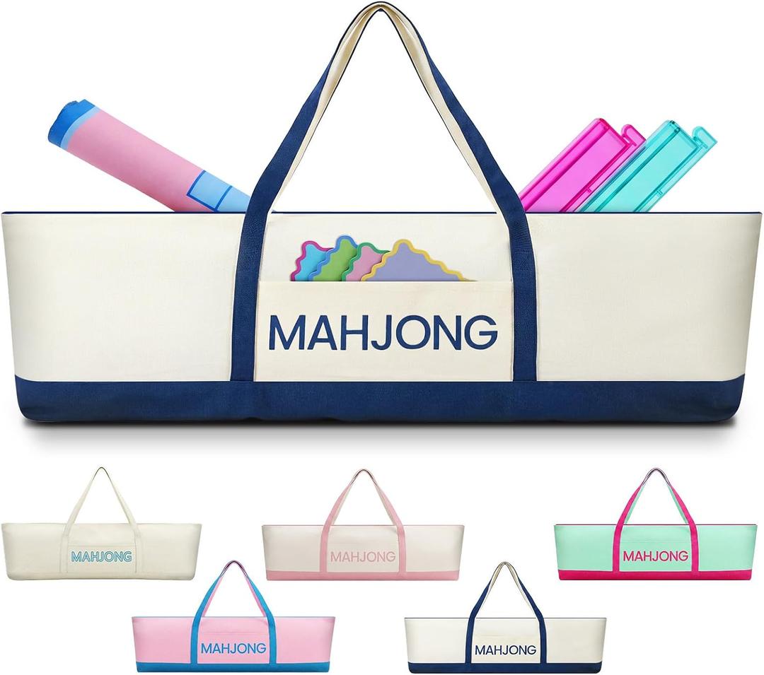 Aliceset Extra Large Mahjong Bag for Tiles Racks Mat 37.4 x 10.6 x 4 Inches Canvas Mahjong Tote Bag Carrying Case with Zipper Pocket for Cards Pushers Mah Jong Accessories(Case Only)(Blue)