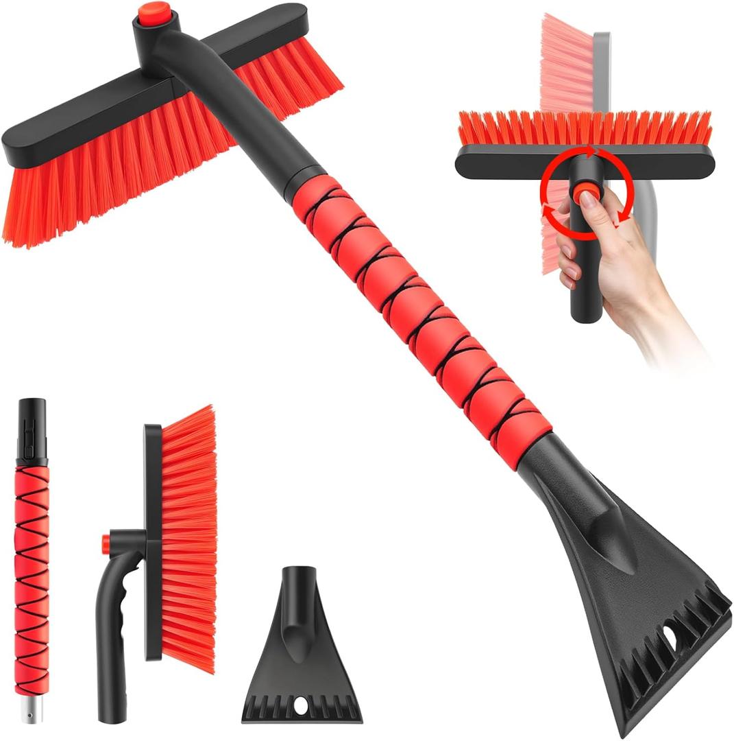 nacena Snow Brush and Ice Scrapers for Car Windshield, Detachable Snow Remover for Cars EVA Foam Grip and Rotatable Brush Head Snow Scraper for Car Trucks SUV, Winter Cars Accessories (Red)