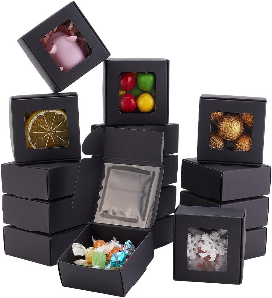 BENECREAT 100-Pack Kraft Gift Boxes with Clear Window - 2.5x2.5x1.2 Inch Black Packaging Box for Weddings, Birthdays & Party Favors