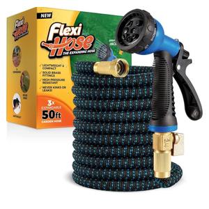 Flexi Hose Expandable Garden Hose with 8 Function Nozzle, 50FT - Lightweight Retractable Garden Hose, Water Hose - No-Kink Flexibility, 3/4 Inch Solid Brass Fittings and Double Latex Core