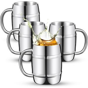 4 Pcs 304 Stainless Steel Barrels Mugs 15 oz Double Wall Coffee Cup Beer Stein Cup with Handle for Party Travel Tumbler Tea Insulated Cold Hot Drinks