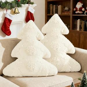 Lanpn Christmas Tree Pillows Set of 2, Snowflake & Tree Christmas Decoration Winter Soft Cute 3D Shaped Xmas Tree Throw Cushion for Sofa Bedroom Xmas Decor (18x16 Inch, Cream White)