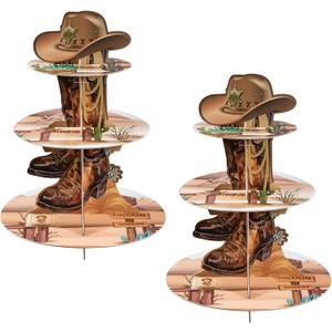 2 Pack Western Cowboy Cupcake Stand 3 Tier Cowboy Birthday Cupcake Holder Dessert Tower Western Theme Party Decorations for Wild Baby Shower Birthday Party Supplies