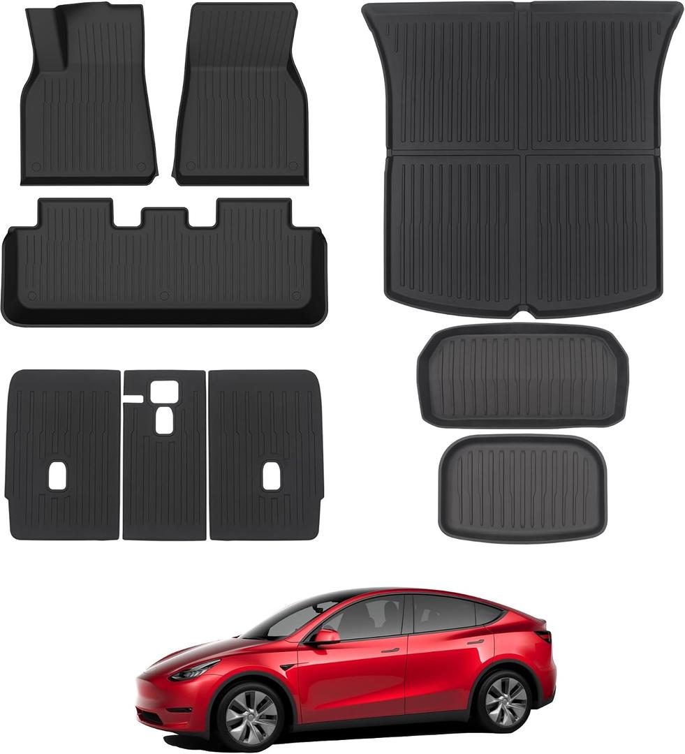 Floor Mats for 2021-2024 Tesla Model Y, 9PCS All Weather Full Set Cargo Liners Accessories, 3D TPE Odorless Trunk Frunk Rear Well Mats Custom for 5-Seater(Not Fit 7Seat & 2025 Juniper)