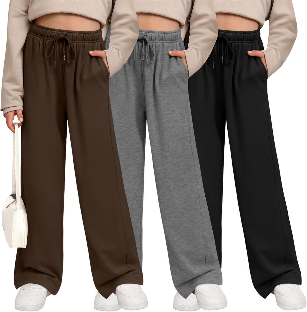 3 Pack Girls' Sweatpants Wide Leg Drawstring Casual Kids Joggers Open Bottom Loose Solid Teen Pants with Pockets (XX-Large, Dark Mixed Gray, Coffee, Black)