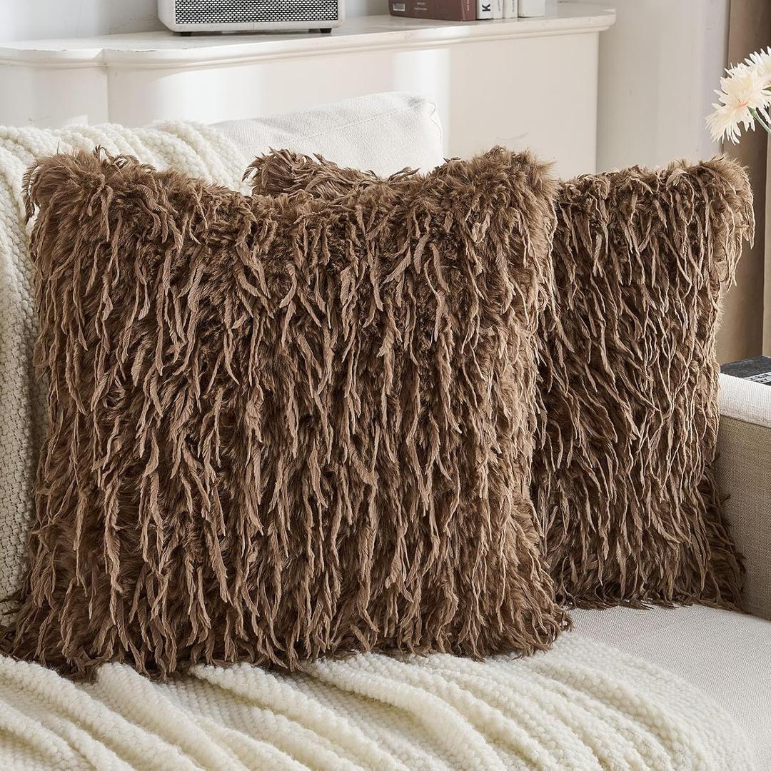 FUTEI Pack of 2 Faux Feather Plush Throw Pillow Covers 26x26 Inch Soft Fluffy Solid Farmhouse Decorative Euro Pillow Shams Modern Luxury Accent for Couch Bed Living Room, Brown