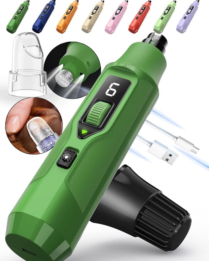 YABIFE 7-Speed Dog Nail Trimmers, Professional Dog Nail Grinder with Light - Super Powerful Pet Nail Grinder for Dogs, Whisper Quiet, Single Hand Operation, Green