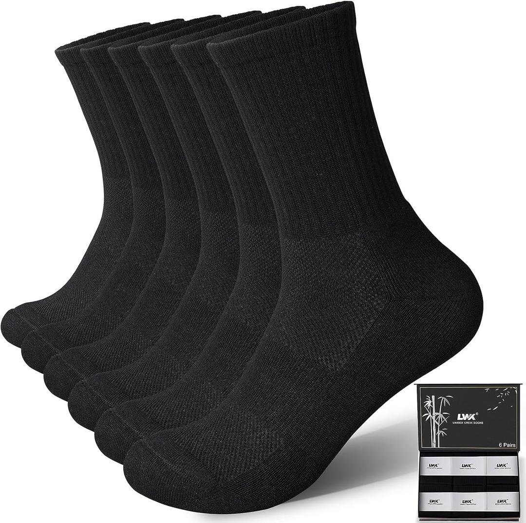 LWK Men's Bamboo Viscose Athletic Crew Socks, Thick Cushioned Moisture Wicking Breathable Running Socks, 6 Pack Gift Box, Size Large (Black)