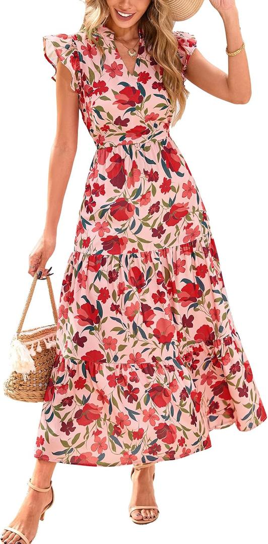 PRETTYGARDEN Women's 2025 Summer Floral Midi Dress Cap Sleeve V Neck Ruffle Long Flowy Boho Casual Beach Vacation Dresses (Medium, Floral Orange Pink Red)