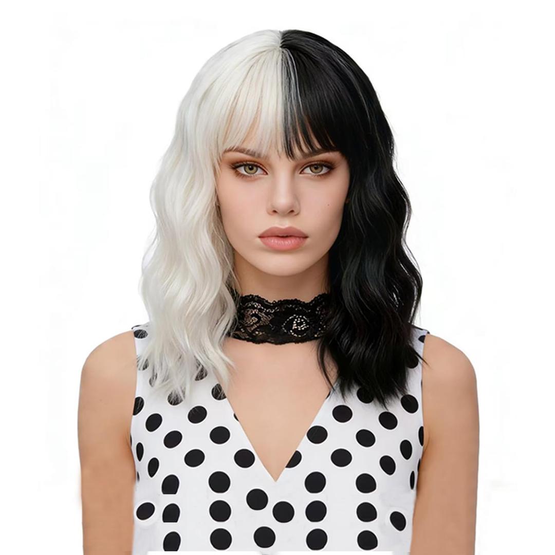 FVCENT Short Curly Shoulder Length Full Bang Women Bob Wig for Cruella Costume Women for Halloween Party Costume (Black and White Without accessories)