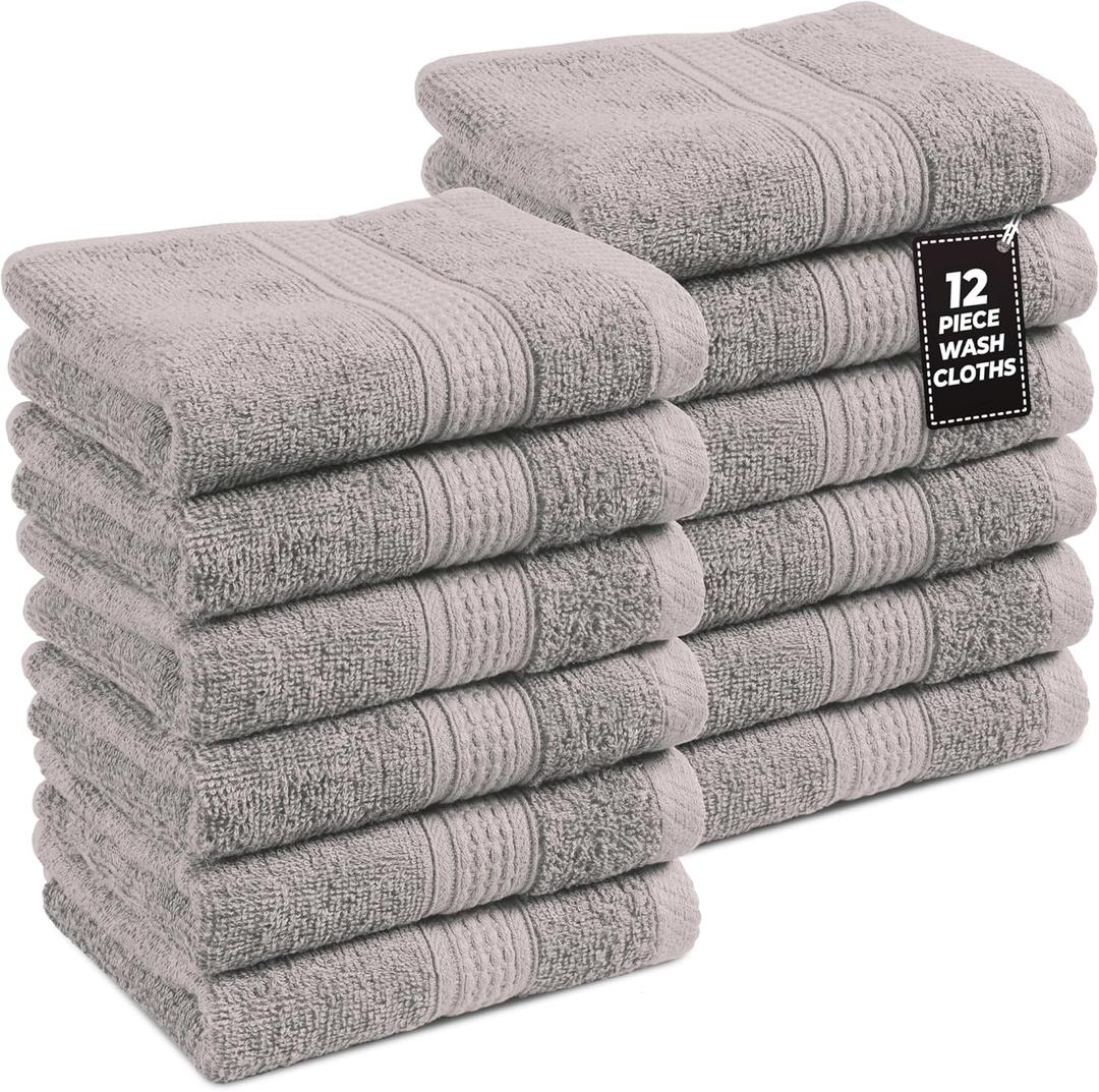 LANE LINEN Washcloths 12 Pack - 100% Ringspun Cotton Washcloths - 13"x13"- Soft Textured, Well Stitched, Lightweight Towel - Absorbent & Durable - Perfect for Daily use - Platinum
