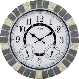 OCEST 18 Inch Outdoor Wall Clock with Night Light, Waterproof Thermometer & Hygrometer Combo, Battery Operated Silent Non-Ticking Large Patio Clock for Garden, Pool, Porch (Rustic Gray)