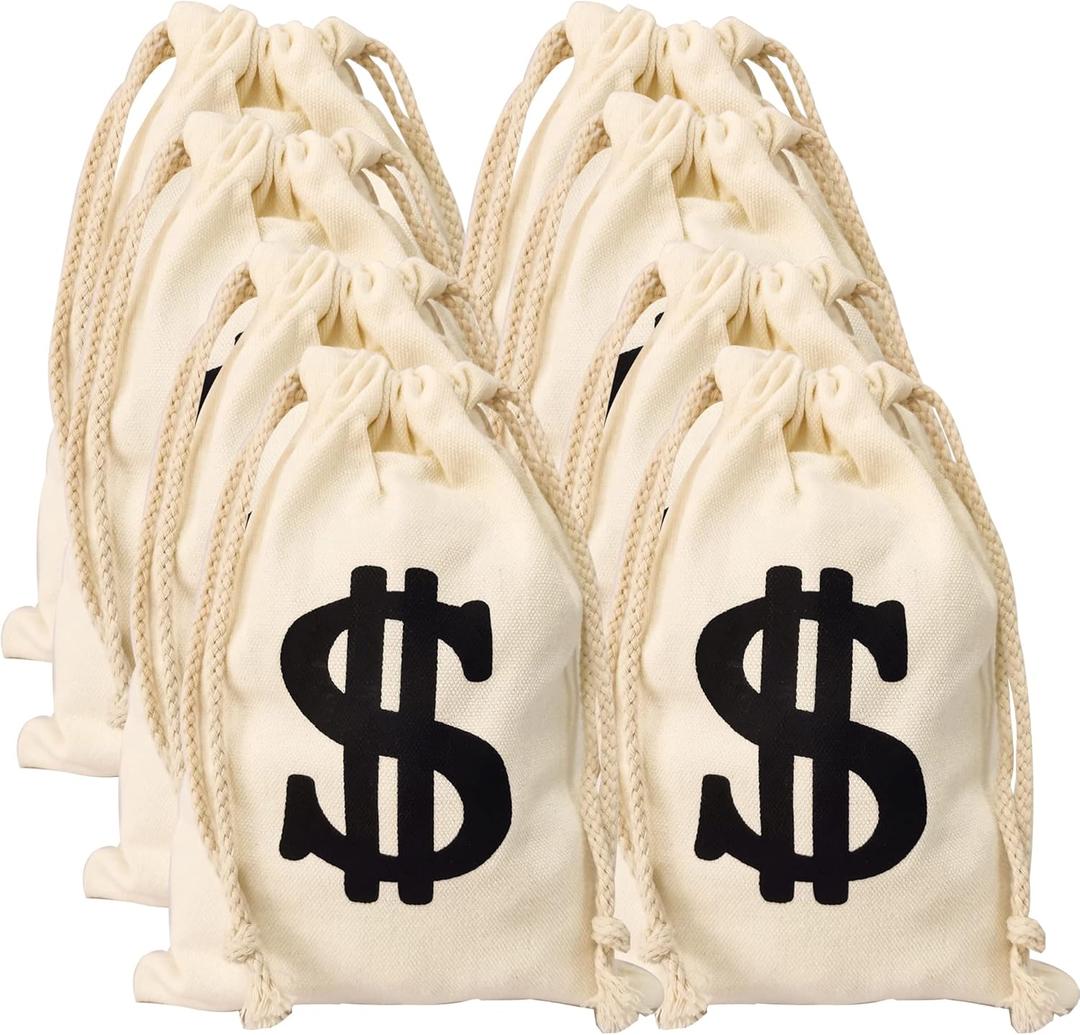 8pack 6.3 x 9 Inches Money Bags Money Bags Decor for Party Money Bag Dollar Sign Carrying Sack for Toy Party Favor, Bank Robber Pirate Cowboy Cosplay Theme Party