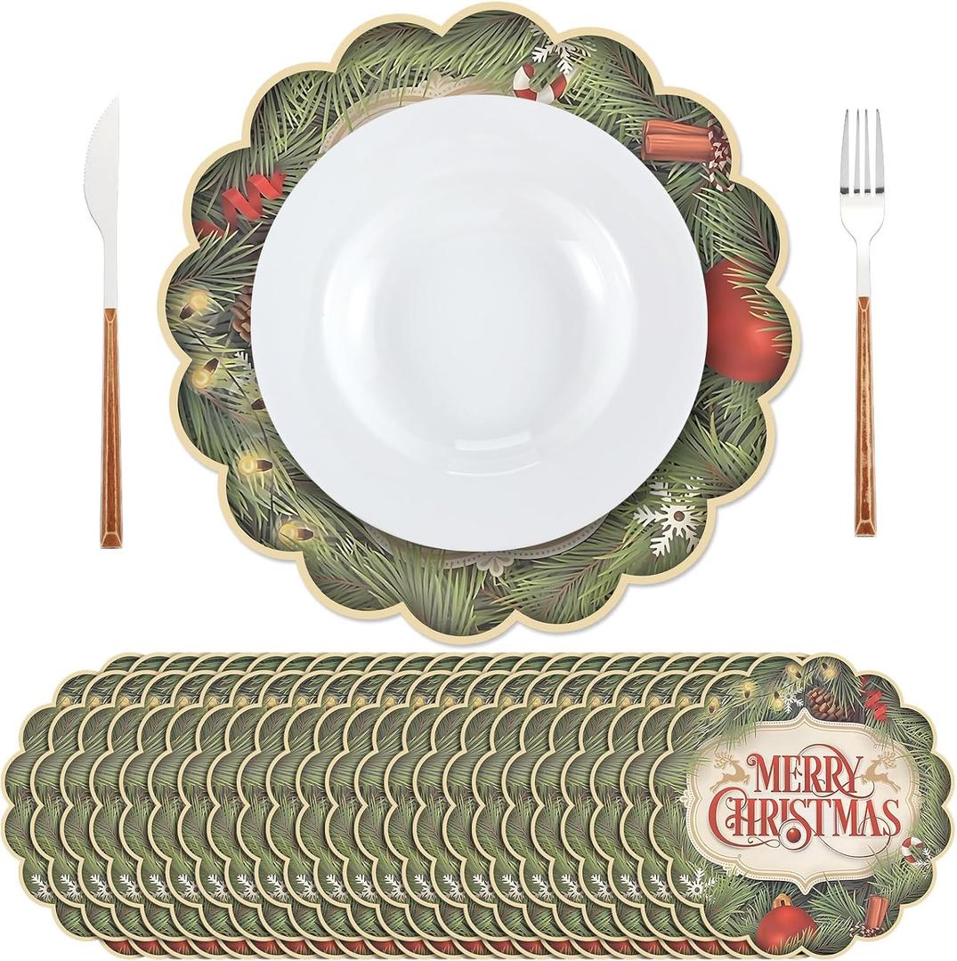 Vesici 100 Pcs Christmas Paper Placemats Disposable 13 Inch Merry Christmas Paper Place Mats Decorative Round Table Mats for Winter Holiday Birthday Wedding Baby Shower Party Supplies