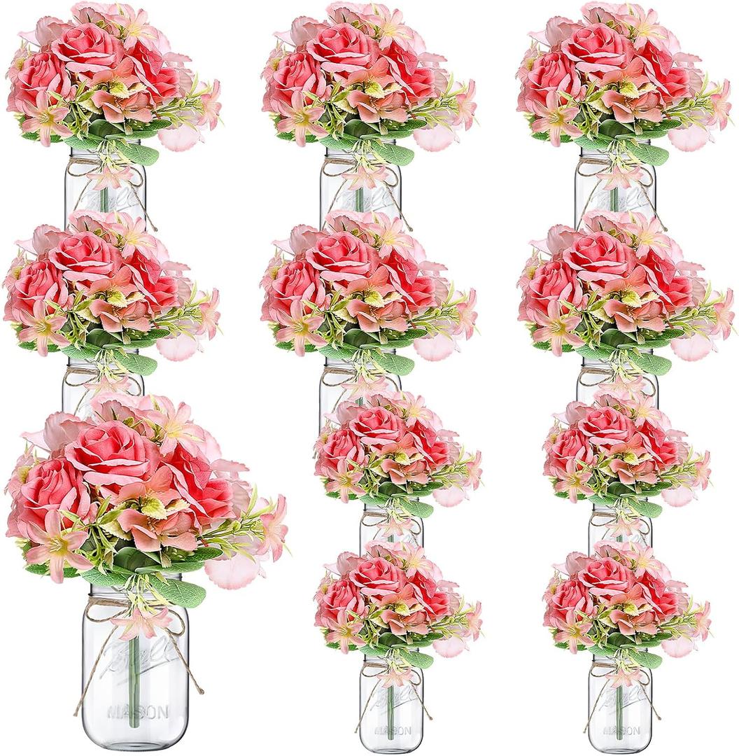 10 Sets Mason Jars Flower Table Centerpiece with Pink Rose Hydrangea Artificial Flowers Jars for Wedding Engagement Dining Party Kitchen Living Baby Bridal Shower