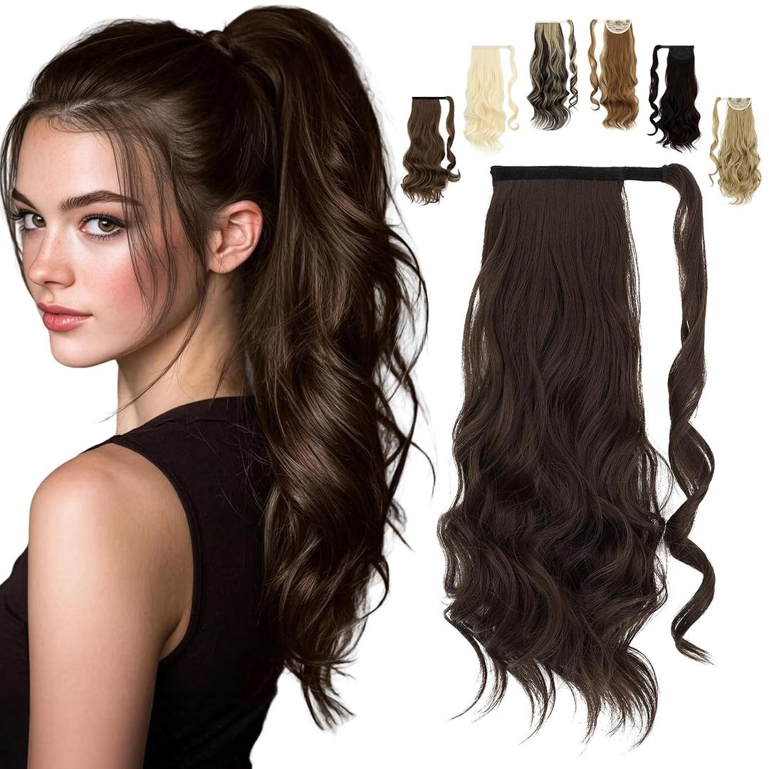 FELENDY 20" Ponytail Extension Curly Wavy Clip in Hairpiece Wrap Around Long Pony Tails Hair Extensions Synthetic for Women Medium Brown