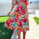 PRETTYGARDEN Women's Summer Casual Dresses 2026 Spring Puff Sleeve Square Neck A Line Flowy Boho Floral Smocked Midi Dress (S)