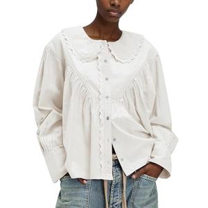 Ymejia Womens Peter Pan Collar Shirt Cotton Button Down Blouses Lace Trim Loose Fit Spring Casual Work Beach Long Sleeve Shirts White M