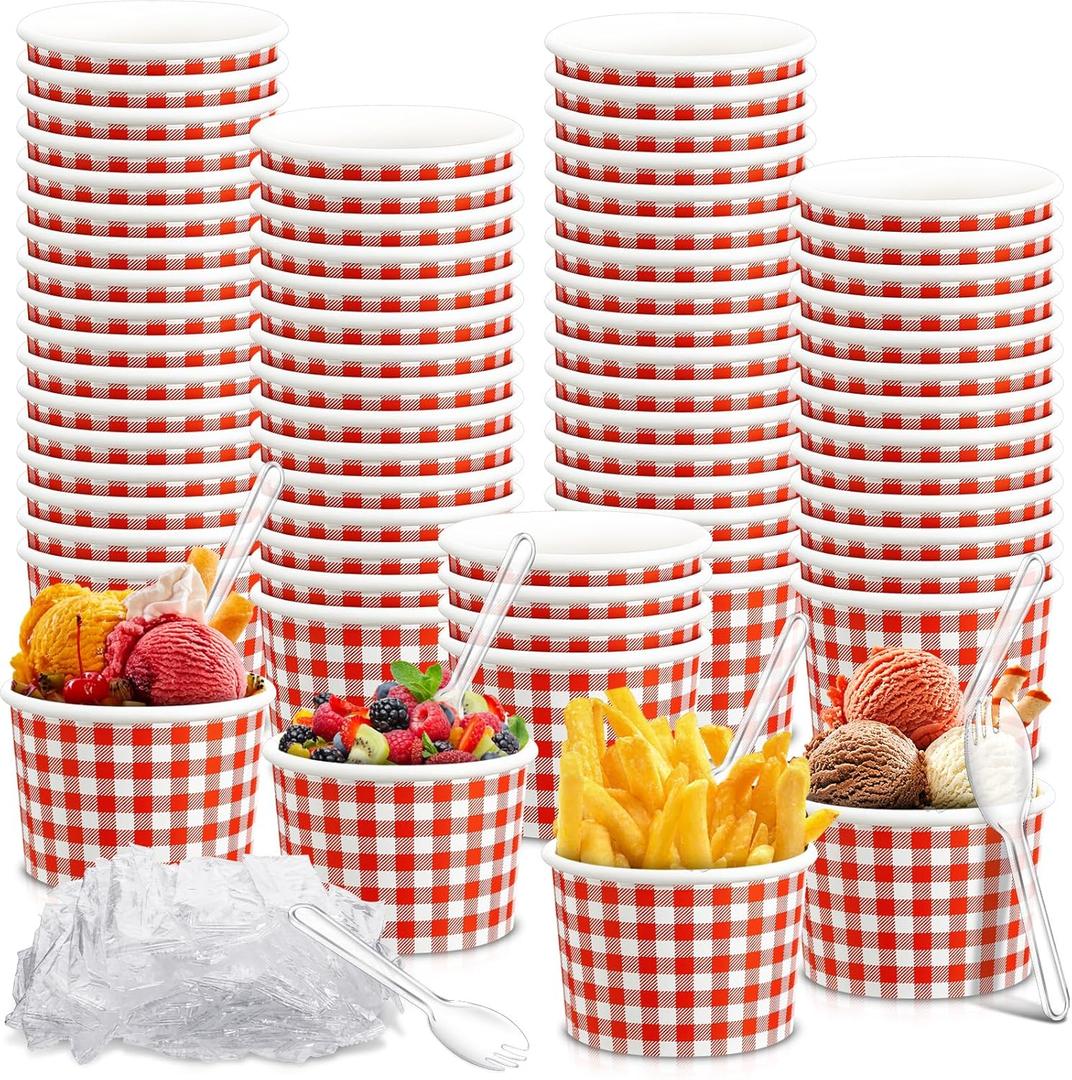 Tessco for you 100 Pack 12oz Christmas Ice Cream Cups with Plastic Spoons Red and White Checkered Snack Bowls Paper Plaid Cups for Hot Soup Snacks Fruits Christmas Party Supplies(Red)