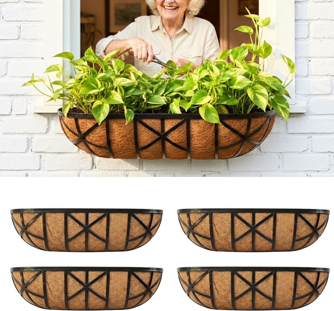 LaLaGreen Flower Wall Planter (24 in, 4 Pack) Black Metal Window Boxes