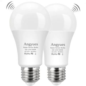 Radar Motion Sensor Light Bulb, Adjustable Detection Range 12W (100 Watt Equivalent) A19 Motion Sensing Outdoor Bulb Auto-Activated Dusk to Dawn LED Bulb, Daylight 5000K E26 1100LM, 2Pack