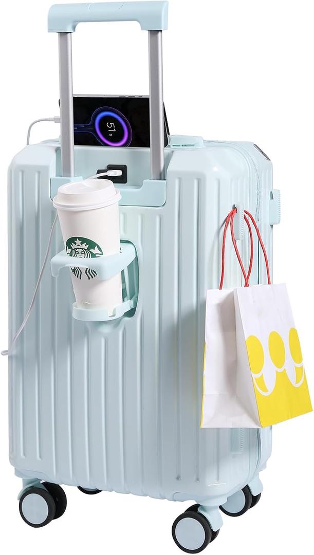 Carry-on Luggage with Cup Holder & USB Charging Port, Hard Side Luggage with Spinner Wheels, Lightweight Luggage for Travel, Business, School, Blue, Carry-On 20-Inch, Leisure travel