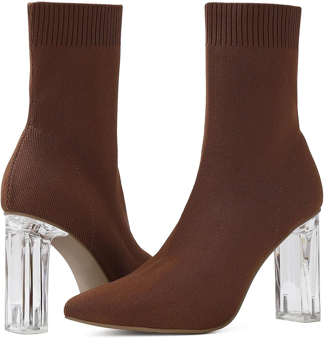 Shoe'N Tale Women's Knit Sock Ankle Boots Pointed Toe Clear Mid Heel Slip-on Stretch Booties Shoes (9)