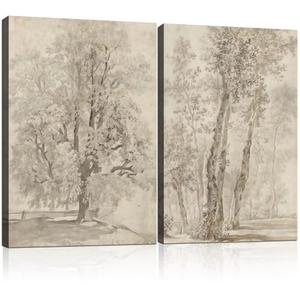 2pcs Framed Vintage Trees Canvas Landscape Sketch Wall Painting Plant Nature Picture Print Poster Rustic Nature Wabi Sabi Home Painting Bedroom Living Room Studio Decor 16x24 Inch Ready to Hang