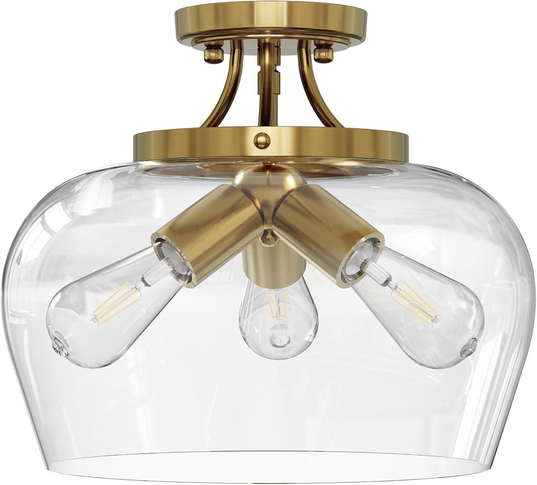 VONLUCE Semi Flush Mount Ceiling Light, 13.8" Ceiling Light Fixture with Clear Glass Shade, E26 Base, 3-Bulb Industrial Ceiling Light for Hallway Entryway Kitchen Bedroom, Brushed Gold (13.8 inch)
