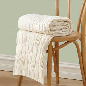 Aormenzy Cable Knit Throw Blankets 30 x 40 Inches, Soft Cozy and Lightweight Knitted Blanket, Machine Washable 100 Percent Acrylic Blanket, Decorative Throw Blanket for Couch Sofa Bed, Cream White