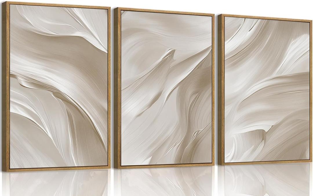 myusuar 3 Piece Large Abstract Framed Wall Art For Living Room, Smoke Texture Ink Beige White Canvas Wall Art Modern Minimalist Art Prints Wall Décor For Bedroom Office 24x36in
