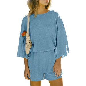 Tankaneo Womens Short Sets 2 Piece Outfits 3/4 Sleeve Tops and Elastic Waist Shorts Lounge Set Casual Loungewear (Large, Blue)