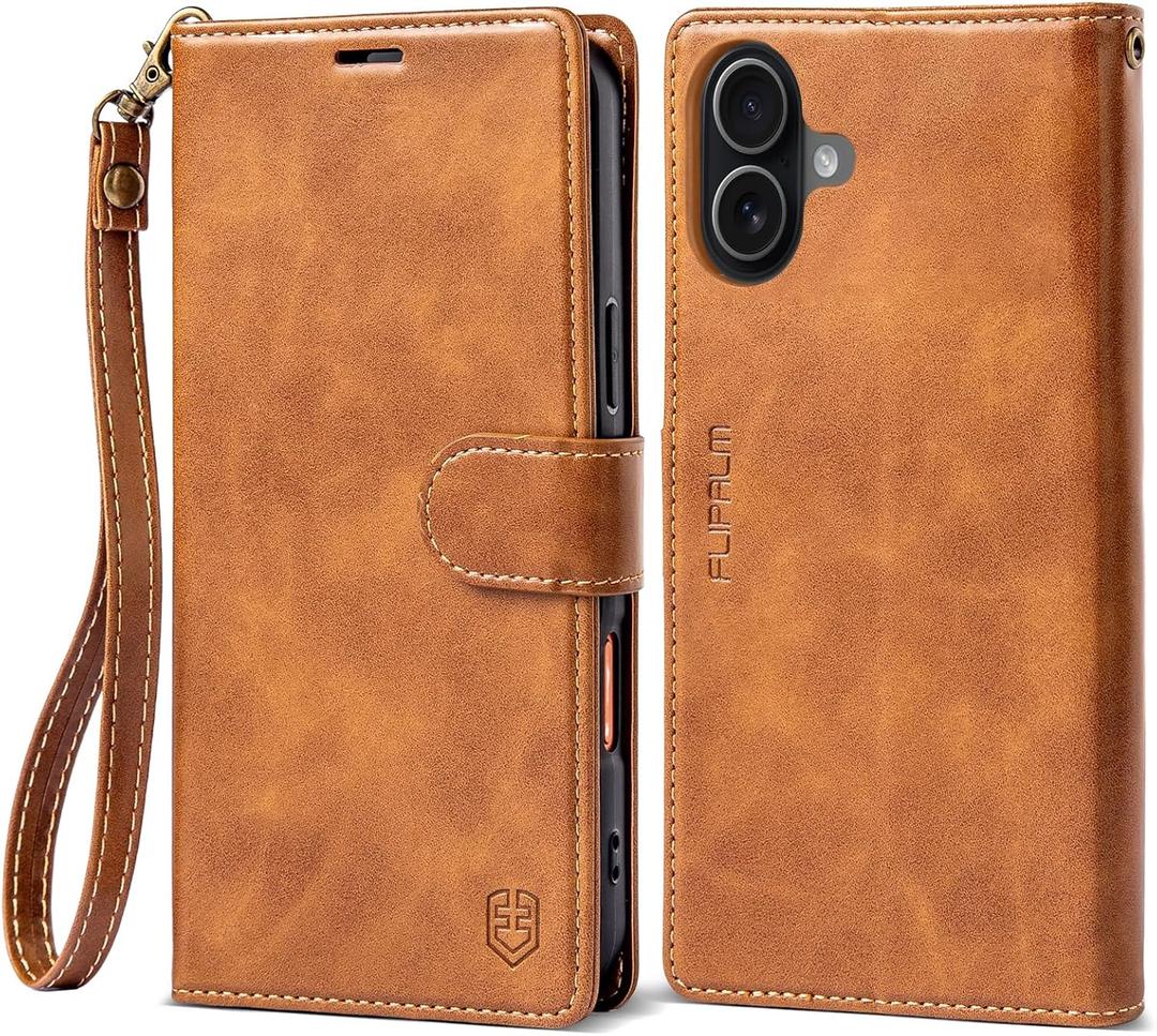 FLIPALM Wallet Case for iPhone 17 Series with Wrist Strap - PU Leather Folio Flip with Credit Card Holder & Kickstand, Protective Cover (Grayish-Brown, for iPhone 17)