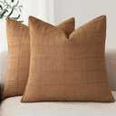 Set of 2 Decorative Linen Check Throw Pillow Covers Neutral Farmhouse Vintage Cushion Covers Modern Boho Home Decor for Sofa Chair Couch Bedroom Living Room,17x17 Inch, Brick