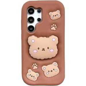 Cute 3D Bear Phone Case for Samsung Soft Silicone Shockproof Cover with Built-in Stand, Adorable Cartoon Teddy Bear Design Silicone Phone Cover for Girls Kids Teens (for Galaxy S21 FE,Brown)