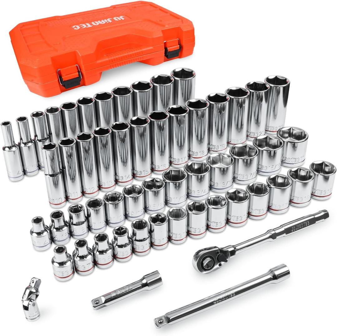 55-Piece 3/8" Drive Master Impact Socket Set, Shallow & Deep Sockets Kit (6-24mm & 1/4"-1"), SAE & Metric, Includes 3" Extension Bar, Universal Joint & 90-Tooth Ratchet, 6-Point Design