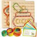 2Pack Wooden Geoboard Montessori Toys - Wood Geo Board Manipulative Geoboards for 4 5, 6 Year Old Kids with Pattern Cards and Rubber Bands, Brain Teaser STEM Toy for Boys Girls Ages 3-6