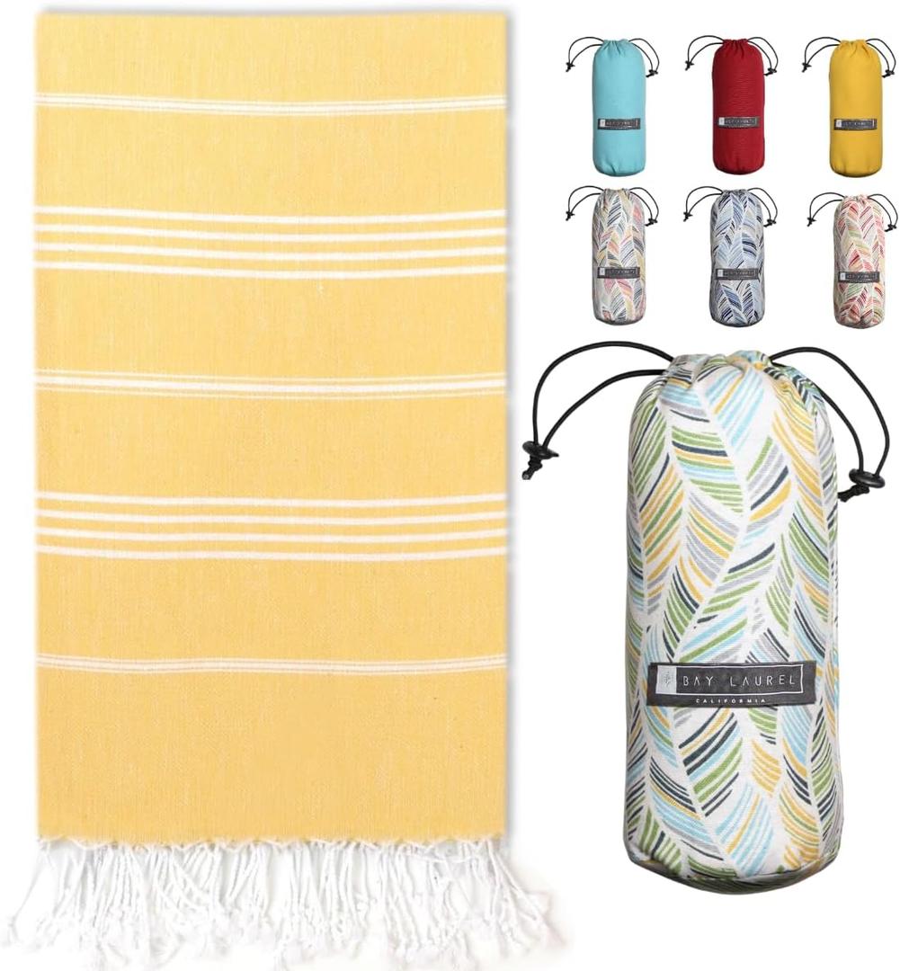 BAY LAUREL Turkish Beach Towel with Travel Bag 39 x 71 Quick Dry Sand Free Lightweight Large Oversized Towels Light, Color: Dandelion With Floral Bag