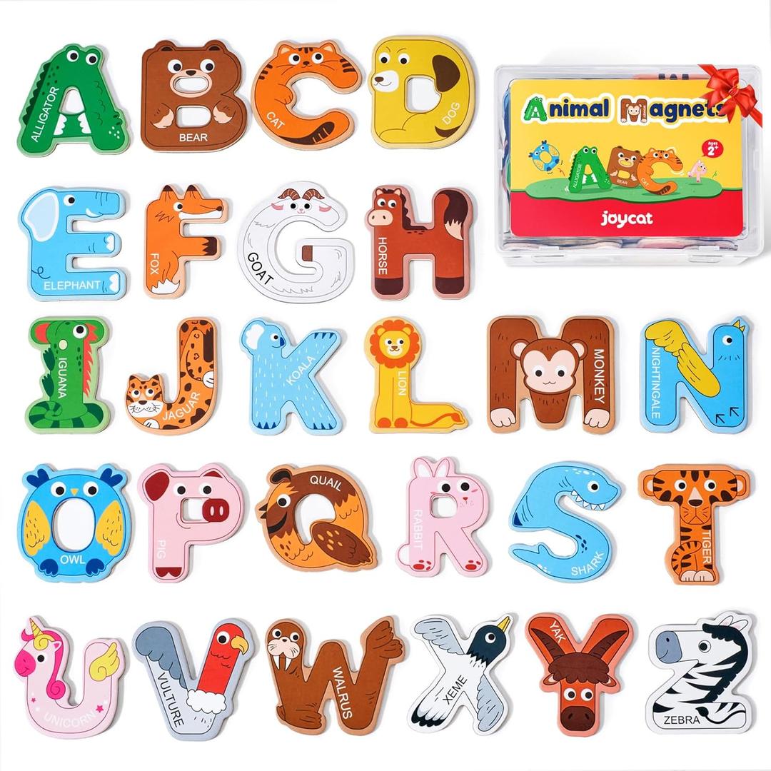 JoyCat Wooden Thick Alphabet Magnets for Toddlers Fridge Large Size Cute Animal Colorful ABC Magnetic Letters 26 Uppercase Letters Educational Toy Set for Kids Toddlers Preschool Learning Spelling