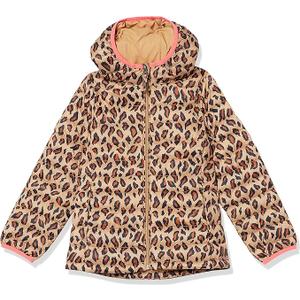 Amazon Essentials Girls and Toddlers' Lightweight Water-Resistant Hooded Packable Mock Puffer Jacket (X-Small, Camel Cheetah Print)