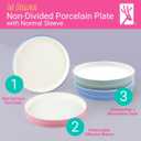 Elk and Friends Kids 7.8 Porcelain White Plates with Silicone Sleeves | Suitable for Babies/Toddlers | Microwave & Dishwasher Safe | Non Slip Dinnerware | Snack Dishes | 4 Pack (Blush/Lilac/Sage/MistyBlue)